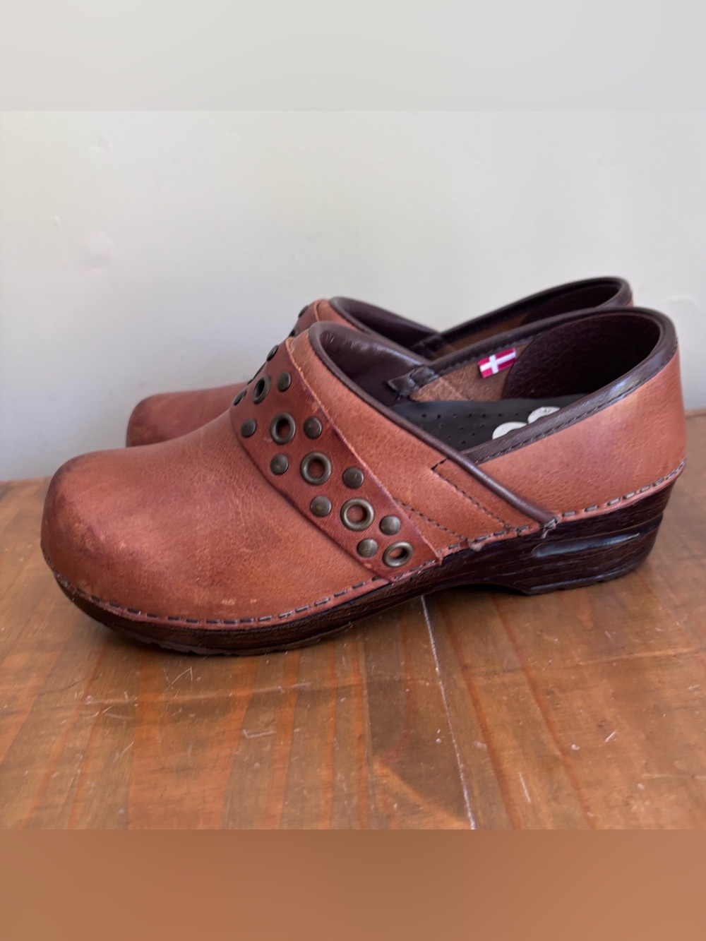 Sanita Caddo Brown Leather Studded Clogs-Size 37-US Size 5.5-6-Boho/Comfort